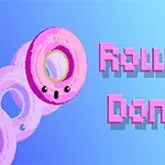 Lyserød donut med et ansigt ruller på en blå baggrund ved siden af teksten Rolling Donut