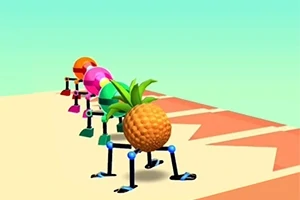 Ananas på farverige robotben står på en platform med geometriske zoner