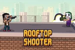 To figurer med våben står på et hustag i en pixeleret byscene med teksten ROOFTOP SHOOTER forneden