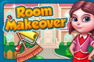 Tegneseriepige i rødt foran et hus med teksten Room Makeover og en malerrulle og kost