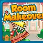 Tegneseriepige i rødt foran et hus med teksten Room Makeover og en malerrulle og kost