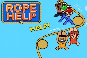 Tegneseriefigurer svinger i et reb på en blå baggrund med teksten ROPE HELP og HELP!