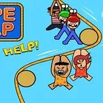 Tegneseriefigurer svinger i et reb på en blå baggrund med teksten ROPE HELP og HELP!