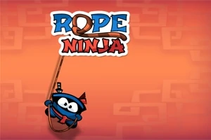 Tegning af en blå, maskeret ninja i sort tøj, der hænger i et reb på en orange baggrund med teksten Rope Ninja øverst