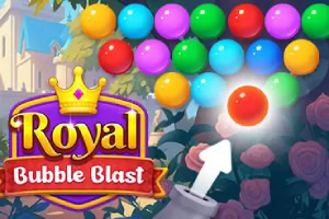 Farverige bobler og en kanon, der sigter mod en rød boble med teksten Royal Bubble Blast til venstre