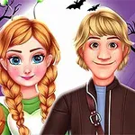 To animeserede figurer i Halloween-kostumer med græskar i en mørk, fangstfyldt skovbaggrund