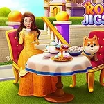 En kvinde i en gul kjole og en hund sidder ved et bord med snacks foran et slot