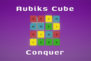 Farvet kvadratisk mønster med tal på en lilla baggrund med teksten Rubiks Cube øverst og Conquer nederst