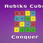Farvet kvadratisk mønster med tal på en lilla baggrund med teksten Rubiks Cube øverst og Conquer nederst