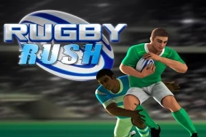 To rugbyspillere i kamp om bolden på en sløret stadionbaggrund med teksten Rugby Rush i forgrunden