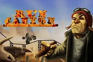 En vred mand med en cigar står i forgrunden, mens et terrængående køretøj kører på en rampe i baggrunden, med tekst skrevet henover