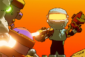 To figurer i robotdragter med futuristiske våben står mod en orange baggrund