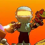 To figurer i robotdragter med futuristiske våben står mod en orange baggrund