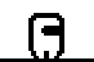 Sort-hvid pixelkunst af en figur med en visor på hvid baggrund