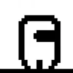 Sort-hvid pixelkunst af en figur med en visor på hvid baggrund