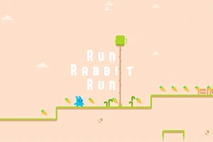 Blå kanin på platform med gulerødder og teksten Run Rabbit Run i baggrunden