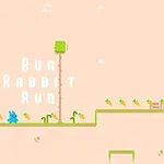 Blå kanin på platform med gulerødder og teksten Run Rabbit Run i baggrunden
