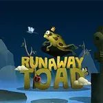 En gul tudse med en krone hopper foran teksten Runaway Toad med insekter og et stort trætårn i baggrunden