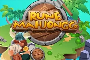 En farverig ø-scene med palmer, vikingesymboler og spilkort med teksten Rune Mahjongg på et træskjold