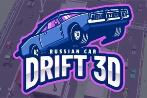 Blåt tegnet bilikon med teksten Russian Car Drift 3D ovenpå en bybagrund