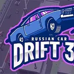 Blåt tegnet bilikon med teksten Russian Car Drift 3D ovenpå en bybagrund