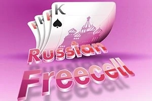 En stak spillekort med et konge spar foran, en russisk katedral i baggrunden, og teksten Russian Freecell i 3D-stil på en lyserød baggrund