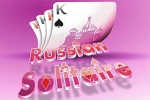 Kort med spillesymboler og en illustration af en russisk bygning på en lyserød baggrund med teksten Russian Solitaire