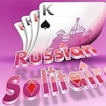 Kort med spillesymboler og en illustration af en russisk bygning på en lyserød baggrund med teksten Russian Solitaire