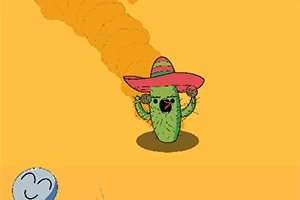 Kaktus iført sombrero står midt i et orange rum med et sky-lignende objekt i baggrunden