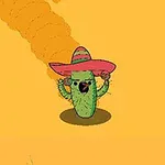 Kaktus iført sombrero står midt i et orange rum med et sky-lignende objekt i baggrunden