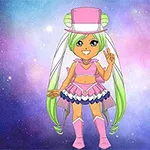 Tegneseriefigur med grønne hår og lyserød top hat iført et pink outfit står foran en farverig galaktisk baggrund