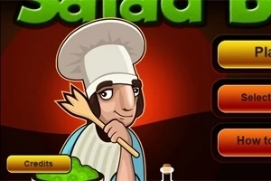 En tegneserie-kok iført en hvid hat og forklæde holder en træske, omgivet af farvestrålende knapper med ordene Play, Select og How to
