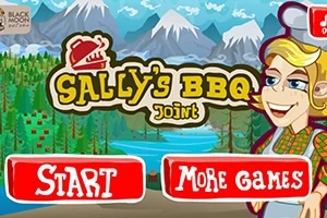Illustration af en kvinde med blå øjne og en kokkehue i et landskab med bjerge, skov og en sø, med teksten Sallys BBQ Joint øverst og to store knapper mærket Start og More Games