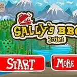 Illustration af en kvinde med blå øjne og en kokkehue i et landskab med bjerge, skov og en sø, med teksten Sallys BBQ Joint øverst og to store knapper mærket Start og More Games