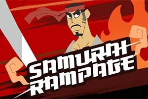 En tegneserie-samurai med et intenst ansigtsudtryk, omgivet af flammer og en sværdillustration med teksten Samurai Rampage