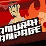 En tegneserie-samurai med et intenst ansigtsudtryk, omgivet af flammer og en sværdillustration med teksten Samurai Rampage