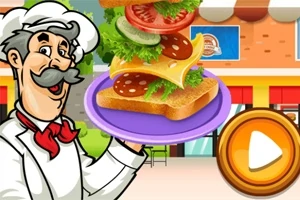 En tegnet kok præsenterer en sandwich med forskellige ingredienser på en lilla tallerken foran en butik, med en play-knap til højre