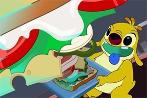 Gul, animeret figur med blå næse laver en stor sandwich med grøntsager og ost