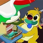 Gul, animeret figur med blå næse laver en stor sandwich med grøntsager og ost