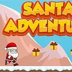 Julemanden går ved siden af indpakkede gaver foran bjerge og et sneklædt juletræ med teksten Santa Adventure ovenover