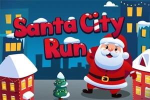 Julemanden står foran et vinterbylandskab med sneklædte tage og lys, med teksten Santa City Run skrevet i rødt