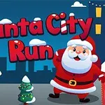 Julemanden står foran et vinterbylandskab med sneklædte tage og lys, med teksten Santa City Run skrevet i rødt