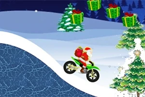 Julemanden kører på en motorcykel i et snedækket landskab med juletræer og flyvende gaver