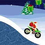Julemanden kører på en motorcykel i et snedækket landskab med juletræer og flyvende gaver