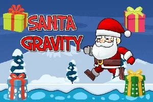 Julemanden springer gennem et snedækket landskab, omgivet af farverige gaver, med teksten Santa Gravity