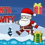 Julemanden springer gennem et snedækket landskab, omgivet af farverige gaver, med teksten Santa Gravity