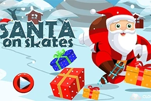 Julemanden på skøjter med gaver i sneklædt landskab