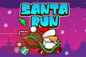 Julemanden løber med sæk, slikstok, gave og guirlande mod en lilla baggrund med snefnug, med teksten Santa Run øverst