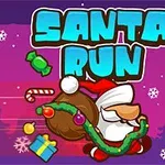 Julemanden løber med sæk, slikstok, gave og guirlande mod en lilla baggrund med snefnug, med teksten Santa Run øverst