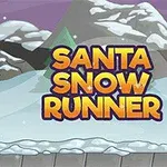 Julemand løber på en snedækket vej foran snedækkede bjerge og grantræer med teksten Santa Snow Runner
